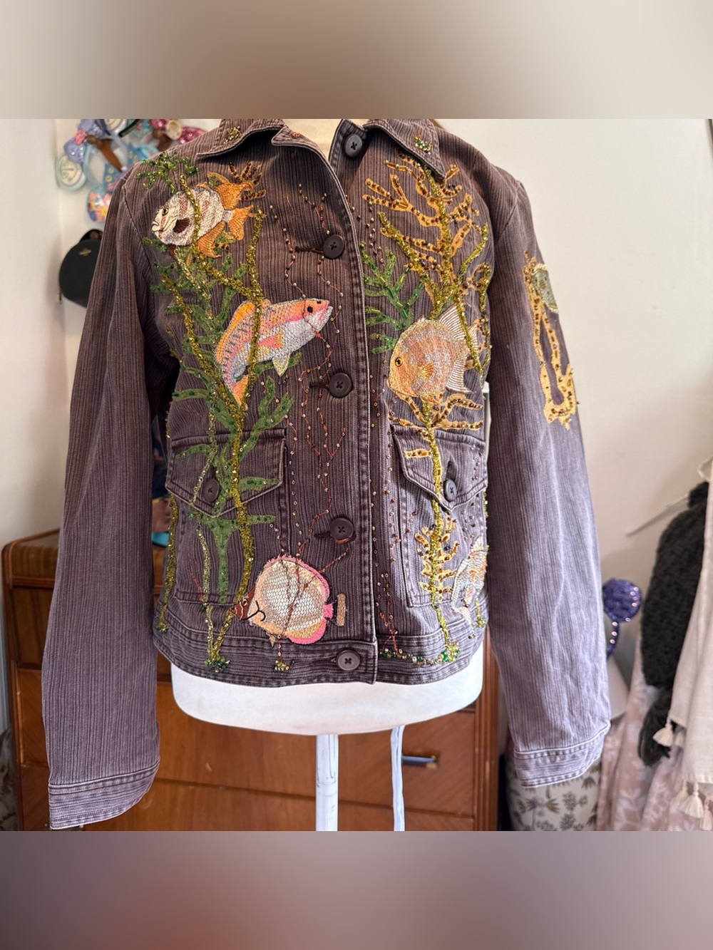 St. John's Bay Brown  Jacket with Embroidered Fish vintage embellished pretty